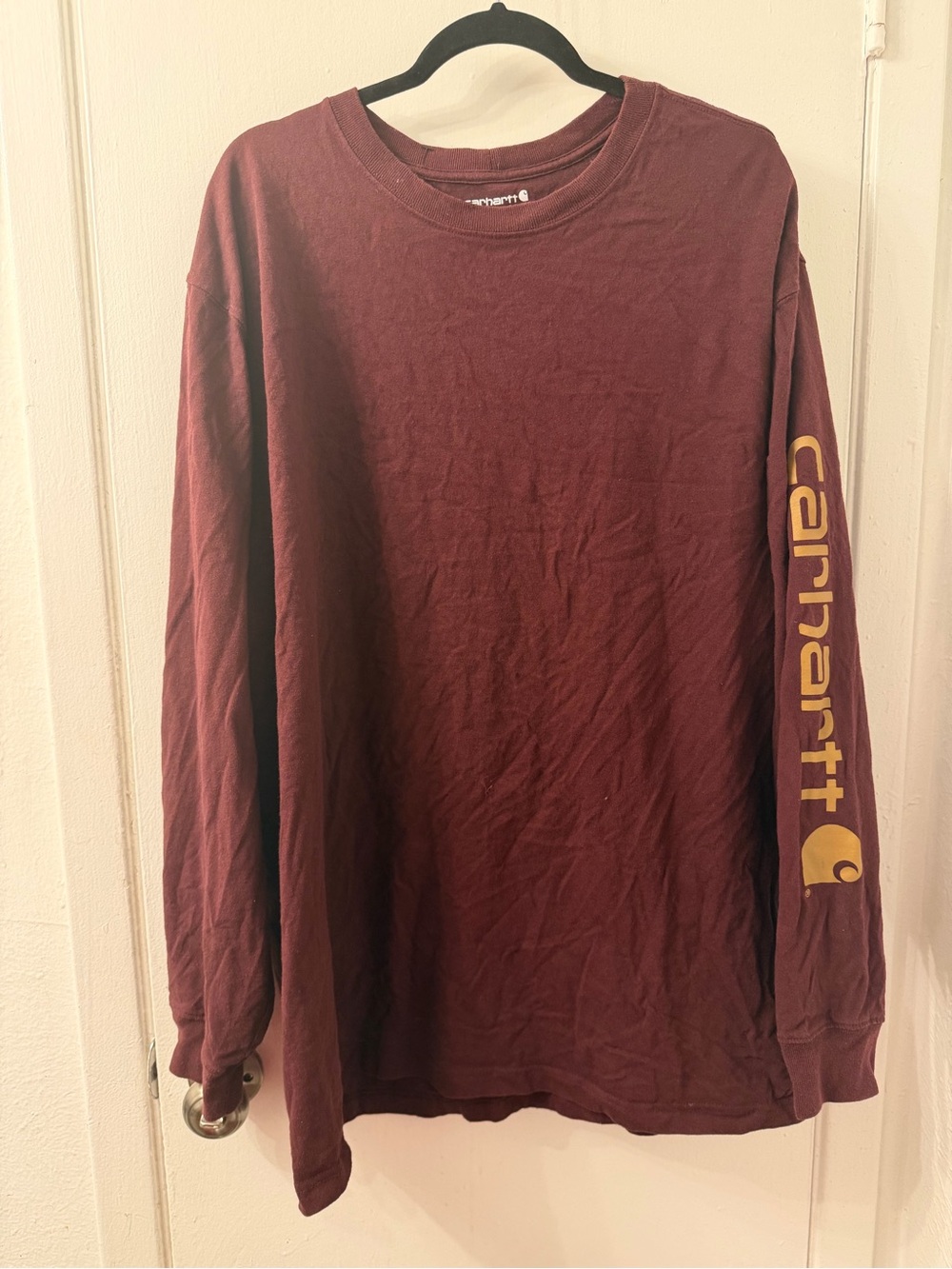 Carhartt Maroon Long Sleeve Logo Shirt with Gold Sleeve Print